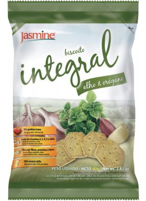 BISCOITO INT_alho e oregano.png - Biscoito Integral Alho e Orégano0% Gorduras Trans;30% Menos Sódio;Rico em fibras, proteínas e ferro;Fonte de vitaminas A, C, D, E e Cálcio; Ingredientes: Farinha de trigo integral, farinha de trigo fortificada com ferro e ácido fólico, óleos vegetais (milho e palma), melado de cana, amido de milho, extrato de malte, sal, alho desidratado em pó, orégano, vitaminas (C, E, A e D), agentes de crescimento (fosfato monocálcico, bicarbonato de sódio, bicarbonato de amônio), aroma e estabilizante natural lecitina de soja. CONTÉM GLÚTEN. Disponível na versão: 80g. 